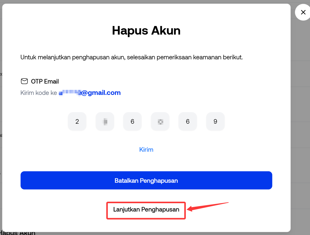 Kode verifikasi enam digit untuk penghapusan akun telah dimasukkan.