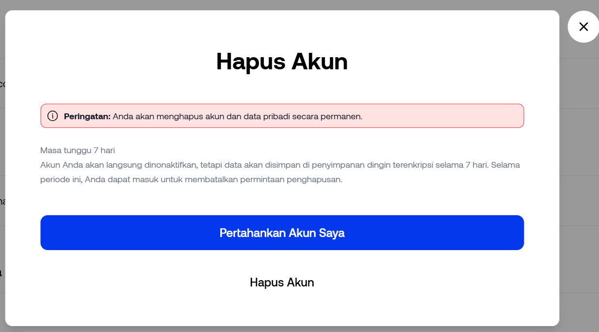 Konfirmasi Penghapusan Akun dan Pemberitahuan Periode Jeda 7 Hari