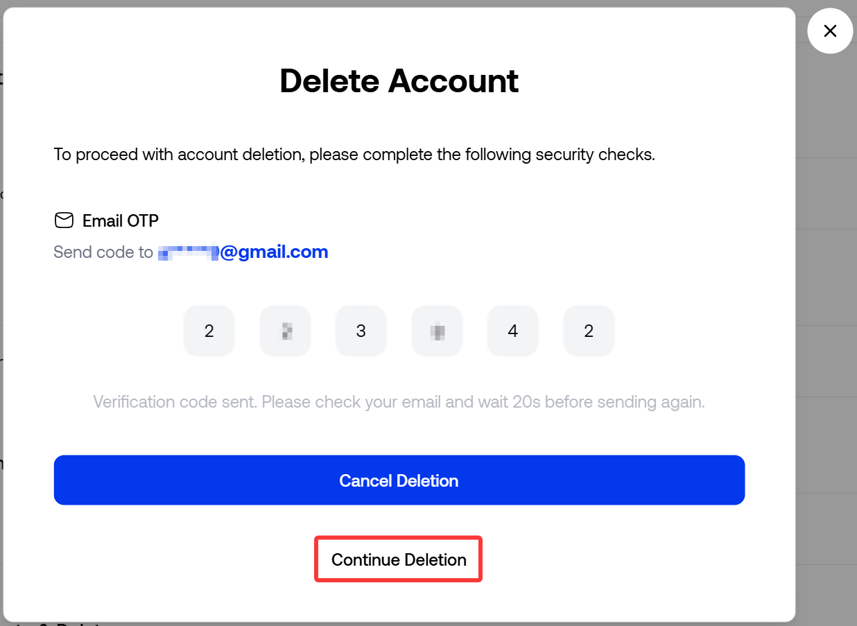 The six-digit verification code for account deletion has already been entered.