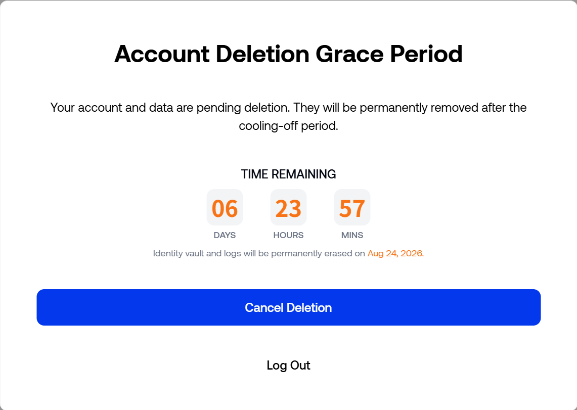 HoLink account deletion request submission success and 7-day cooling-off period countdown page.