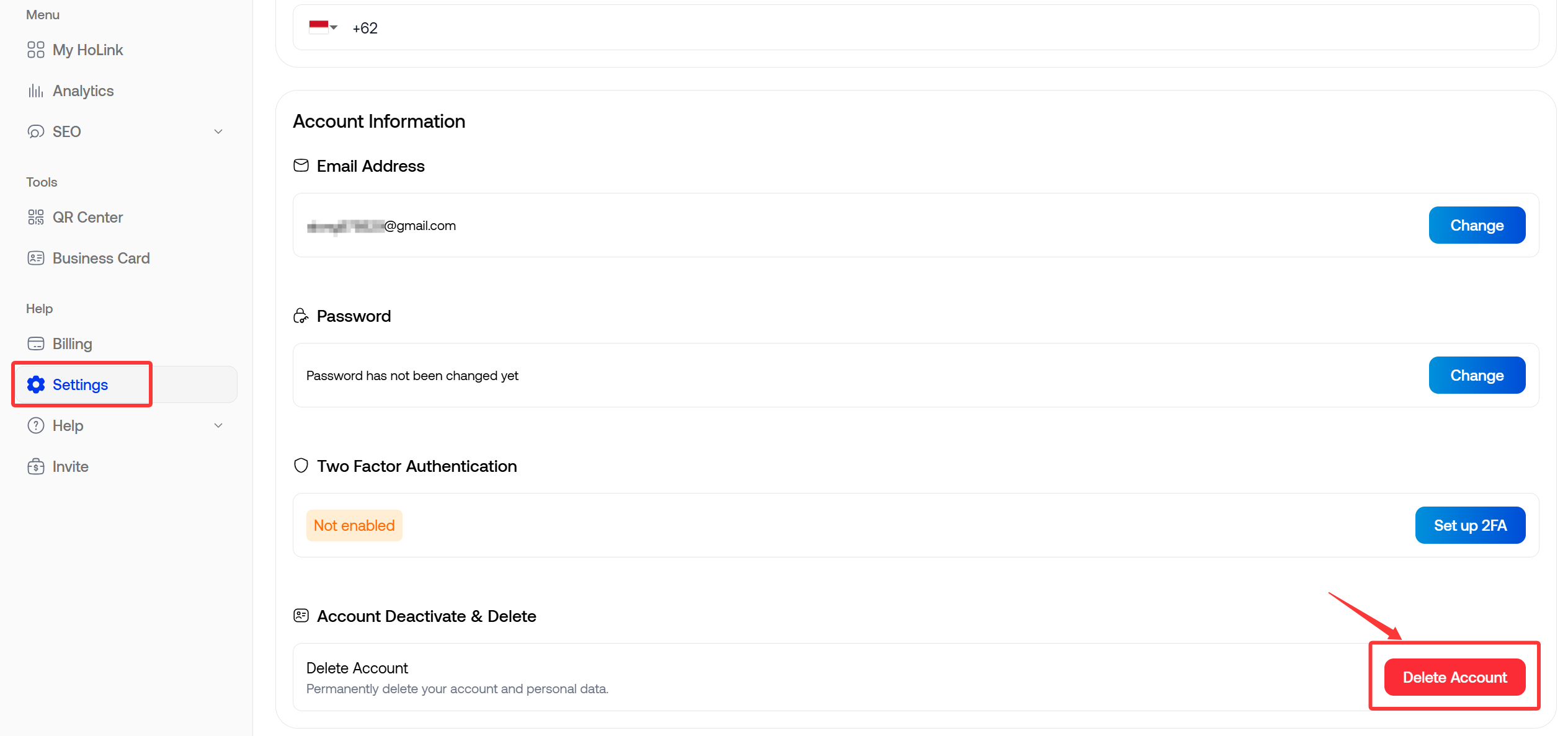The "Delete Account" option on the settings page