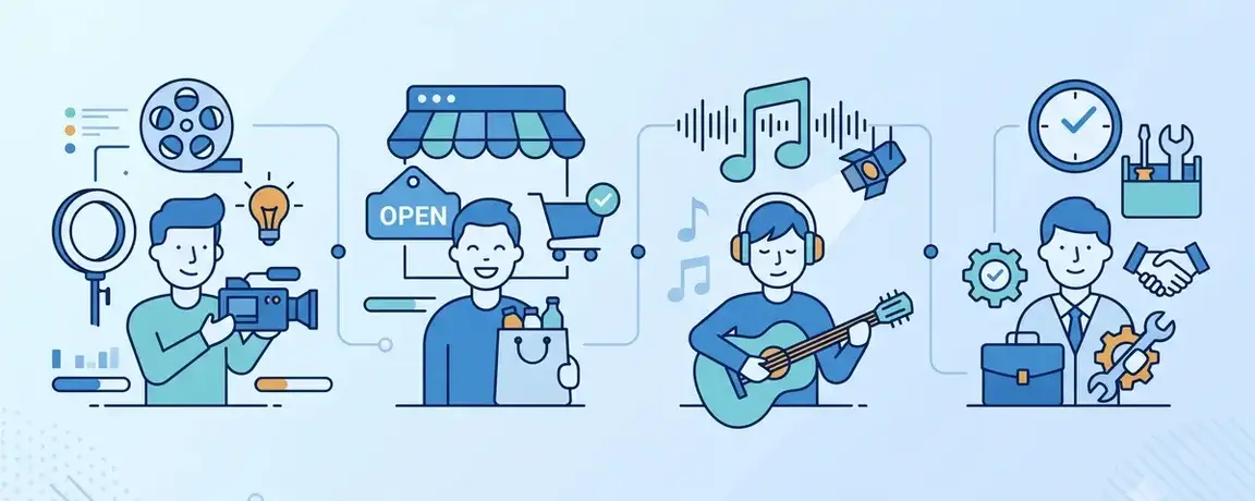 Illustration of various professions using link in bio, such as content creators, online shops, musicians, and service providers